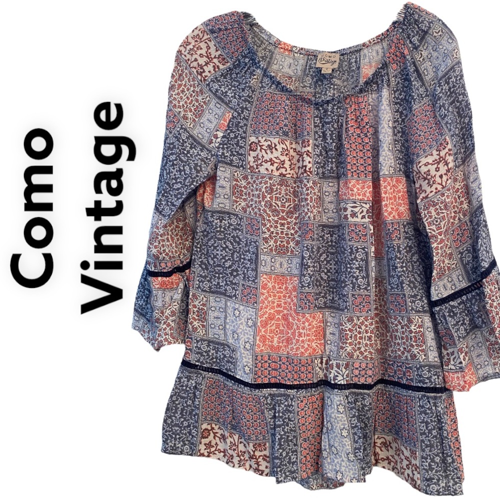 Como Vintage boho off Shoulder Bell sleeve blouse Blue & Pink Patchwork S
